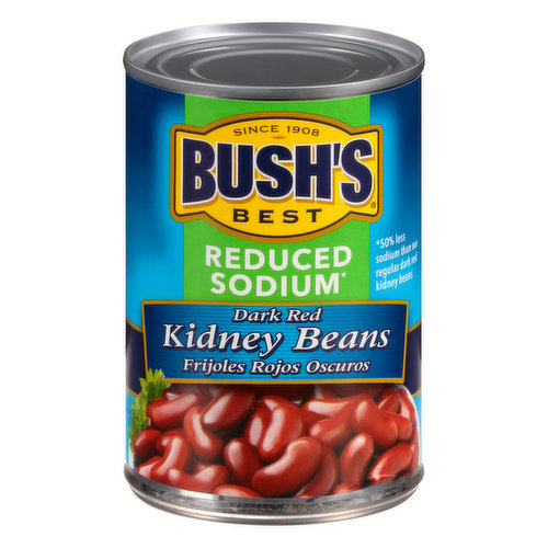 Gluten free. Reduced sodium (50% less sodium than our regular dark red kidney beans). This product contains 135 mg of sodium per serving versus 270 mg for our regular kidney beans. Since 1908. www.bushbeans.com. For more recipes visit: www.bushbeans.com. 1-800-590-3797. Please refer to the code on end of can. Please recycle.
