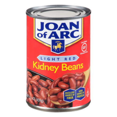 Certified Gluten-free. Excellent source of fiber. Good source of protein.  Joan of Arc Light Red Kidney Beans can be used as directed in your favorite recipe. To serve alone as a side dish, heat as directed below.  www.joanofarc.com.  Questions or comments? Consumer Affairs. P.O. Box K, Roseland, NJ 07068 USA. www.joanofarc.com. Recycle.