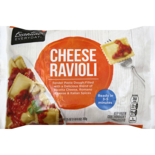 Tender pasta dough filled with a delicious blend of Ricotta cheese, Romano cheese & Italian spices. Ready in 3-5 minutes. Per 10 pieces: 260 calories; 2.5 sat fat (13% DV); 310 mg sodium (13% DV); 1 g total sugars. Great products at a price you'll love - that's Essential Everyday. Our goal is to provide the products your family wants, at a substantial savings versus comparable brands. We're so confident that you'll love Essential Everyday, we stand behind our products with a 100% satisfaction guaranteed. 100% Quality Guaranteed: Like it or let us make it right. That's our quality promise. essentialeveryday.com.
