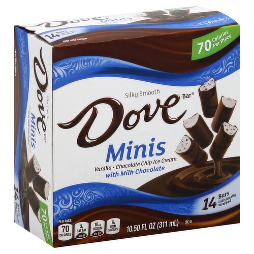 Silky smooth. Individually wrapped. 70 calories per piece. Per Pack: 70 calories; 3 g sat fat (15% DV); 10 mg sodium (0% DV); 6 g total sugars. Take a moment – to enjoy the rich flavors of Vanilla and Chocolate Chip Ice Cream dipped in silky smooth Dove Milk Chocolate. An experience like no other. Dove chocolate enhanced for a better ice cream experience. For more moments of pleasure, try Vanilla Ice Cream dipped in Silky Smooth Dove Milk Chocolate. Mango Sorbet dipped in Silky Smooth Dove Dark Chocolate. We value your question or comments. Call 1-800-551-0895 or visit us at www.dovechocolate.com. Please save the empty carton. www.doveicecream.com. Recyclable. Partially produced with genetic engineering.