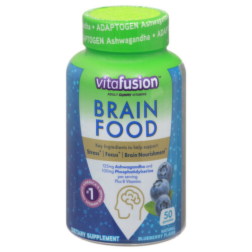 Dietary Supplement. 125mg Ashwagandha and 100mg Phosphatidylserine per serving plus B vitamins. No artificial flavors or sweeteners. No Gluten. No high fructose corn syrup, No dairy, No synthetic FD&C dyes. Brain food is formulated with Ashwagandha, an adaptogen with health benefits, plus B vitamins and phosphatidylserine. Brain food helps support brain nourishment, stress and focus. No.1 America’s Brand Vitamin Gummy. Colors will darken over time. This does not alter the potency of the product. www.vitafusion.com. how2recycle.info. Join our mission vitafusion.com. Questions, Comments? Call 1-888-334-5389. M-F 9Am-5Pm ET. www.vitafusion.com. Growing communities with fruitful planting. We believe in holistic wellness and realize it’s more than just taking vitamins. That’s why we support the fruit tree planting foundation and together have planted more. Than 200,000 fruit trees in under served communities. Our Commitment: Certified renewable energy. Green-e. Made with 100% certified renewable electricity. how2recycle.info. (These statements have not been evaluated by the Food and Drug Administration. This product is not intended to diagnose, treat, cure or prevent any disease.) Made in the USA. With US & international ingredients.