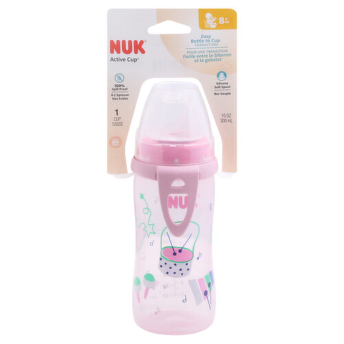 300 ml. 100% spill proof. Easy bottle to cup transition. Silicone soft spout. Convenient carrying clip for on the go. Soft silicone spout optimally shaped to support the transition from bottle to cup. Compatible with NUK Smooth Flow bottles. NUK.com. how2recycle.info. BPA free. Assembled in USA with parts made in USA and Germany.