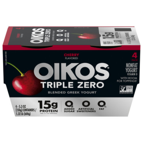 Oikos Triple Zero Yogurt, Nonfat, Cherry Flavored, Blended, Greek