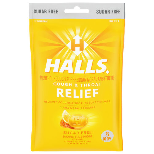 Halls Cough & Throat Relief, Sugar Free, Honey Lemon Flavor, Drops