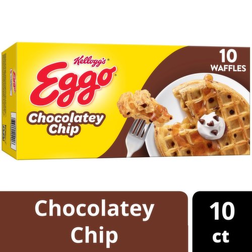 <ul><li>Delicious frozen waffles with yummy chocolatey chips and the classic Eggo shape for a tasty part of breakfast or any time of the day</li><li>Crisp, golden, and delightfully fluffy, these rich waffles are made with delicious ingredients and a chocolatey flavor for an irresistible homemade taste</li><li>Good source of 9 vitamins and minerals; No artificial colors or flavors; Kosher Dairy; Contains wheat, egg, milk, and soy ingredients</li></ul><br/>Wake up and greet the day with the feel-good taste of Eggo Chocolatey Chip frozen waffles. Crafted with delicious ingredients and a fantastic chocolatey chip flavor, our waffles are a perfect balance of crispy, fluffy goodness. Convenient and easy to prepare, Eggo Chocolatey Chip waffles bring warmth to busy mornings. Great for families and individuals, these delicious waffles are made to enjoy as a part of a balanced breakfast; Pair with your favorite morning toppings like butter, syrup, jellies, preserves, fruit, chocolate or hazelnut spreads, and whipped cream. With no artificial colors or flavors, our waffles also provide a good source of nine vitamins and minerals. Not just for breakfast, Eggo waffles make a warm, comforting after-school snack or late-night treat and are great for making ice-cream sandwiches. They're just so delicious, would you L'Eggo your Eggo?