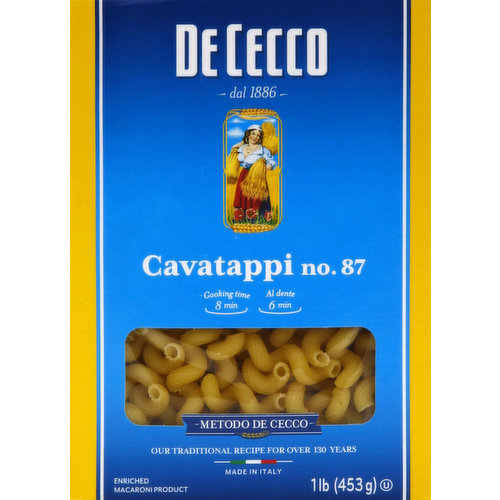 Cooking time 8 min. Enriched macaroni product. Our traditional recipe for over 130 years. EPD: Environmental product declaration registration number: S-P-00282. The environment from start to finish. From Father to Son: Since 1886, we have maintained an important responsibility carrying on over 130 years of tradition in making high quality pasta, to bring the pleasure of authentic Italian cuisine to dining tables around the world. Traditional production method that has remained true to our family recipe for more than 130 years. Since 1886 we select the best durum wheat produced in Italy and in the rest of the world to guarantee a pasta with unique qualities and superior cooking performance. Before being milled, our durum wheat must pass strict quality control in our quality assurance laboratories. We use coarse durum wheat semolina to preserve the gluten integrity and obtain a signature pasta with a distinctive taste. We knead the semolina with cool water at temperature of less than 59 degrees to ensure our pasta maintains its firmness after cooking. We use bronze drawplates to create a rough surface on the pasta to better retain sauce. We dry our pasta slowly at low temperature to preserve the flavor of our wheat. www.dececco.com. Made in Italy.