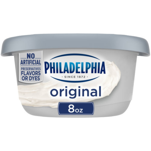 Philadelphia Cream Cheese Spread is made with fresh milk and cream. Our spreadable cream cheese spread has no artificial preservatives, flavors or dyes. With a cool, creamy texture, it is perfect for spreading on your warm, toasty morning bagel. Each 8-ounce plain cream cheese spread tub is resealable to lock in flavor.