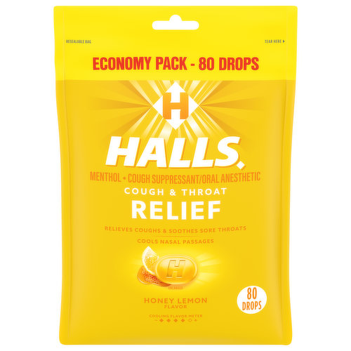 Halls Relief Cough Drops, Honey Lemon Flavor, Economy Pack