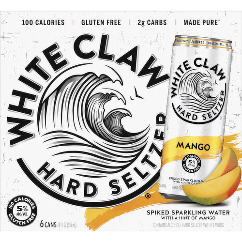 Spiked sparkling water with a hint of mango. Hard seltzer with natural flavors. 100 calories. 2 g carbs. Naturally gluten free. Crafted using our unique BrewPure process & only the finest natural flavors to deliver a surge of pure refreshment and a hard seltzer like no other. White Claw Hard Seltzer. Made pure. Please drink responsibly. www.whiteclaw.com. Facebook. Instagram. Discover more at www.whiteclaw.com. Sustainable Forestry Initiative. Certified Sourcing. www.sfiprogram.org. Please recycle. 5% Alc/vol. 10