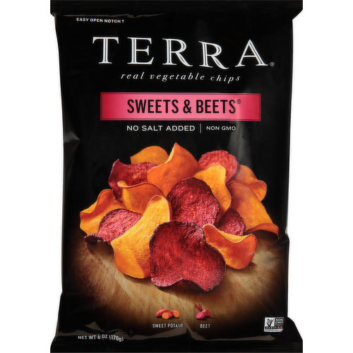 Gluten free. No salt added. Not a Sodium Free Food. Non-GMO Verified project. nongmoproject.org. Non-GMO. No salt added. Sweet potato. Beet. Over 20 years ago two forward thinking New York chefs created Terra. Chips. From the first moment, people were hooked on the vibrant flavors and delectable crunch that comes from sourcing unique and diverse root vegetables from a select group of farmers. Today, the intimate process of crafting our chips remains with over 20 different varieties and flavors that are truly distinctive by nature. Sweet potato: A distinct variety of the ipomoea Batata. these potatoes deliver a glorious late summer orange. This is the hallmark sweet potato of the southern U.S. Beet: A biennial root vegetable delivers natural sweetness and a vibrant red color. Generally a cool season crop Which we cook to perfection. Hain Celestial. www.terrachips.com. If you are not completely satisfied. Please call 888-243-6704. Seed Savers Exchange : We proudly support Seed Savers Exchange. a non-profit organization dedicated to the preservation and proliferation of heirloom fruit and vegetable varieties. Seed Savers works to preserve not only the seeds. but also the history behind America's culturally diverse garden and food crop heritage. Learn ore at seedsavers.org. Terracylce. Recyclable through the TerraCycle newer of collection programs www.terracycle.com.