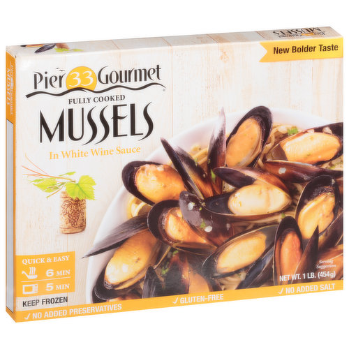 New bolder taste! Fully cooked. Quick & easy. 6 min. 5 min. No added preservatives. No added salt. Committed to great taste, good health and convenience. Naturally rope-cultured in the pristine ocean waters of the Patagonia. Fun Mussel Facts: 1. The orange mussel meats are the females and white meats and the males. 2. The mollusk is also called a blue mussel and is rope cultured in the icy waters of Southern Chile. 3. Mussels can filter 10-18 gallons of water a day by absorbing nutrients from the water that passes over their gills. 4. The mussel's beard is use the mussel to attach itself to surfaces. It is so adhesive that it can even cling to Teflon. 5. Mussels contain iron, manganese, selenium and zinc; all essential for a healthy libido. 6. Mussels are bivalves. They are composed of two similar parts called valves hinged by a flexible ligament.