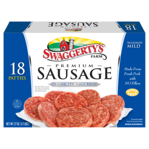 These premium pork breakfast sausage patties are made fresh daily from hot-boned pork including the ham, shoulders, and bellies seasoned with our original 1930 family recipe. Try this 18ct mild 27oz package by Swaggerty's Farm®.