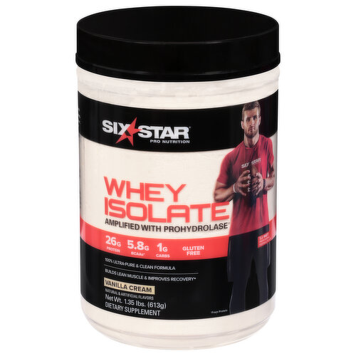 Pro nutrition. Amplified with prohydrolase. 100% Ultra-pure & clean formula. Builds lean muscle & improves recovery. T.J. Watt professional footbal player. Transform Your Workouts Into Moments of Glory: Glory. You won't find it at the goal line, the top of the key or the bottom of the ninth. You'll find it in sweat, sacrifice and hard work. That's why we engineered Six Star whey isolate to fuel training, support recovery and help you grind it out. And, with the advanced ingredient ProHydrolase, it's scientifically formulated to transform your everyday workouts into moments of glory. Is Six Star Whey Isolate Amplified with ProHydrolase Right for You? Formulated for those who find glory in the grind, Six Star whey isolate can. Boost your protein intake. Help build lean muscle. Accelerate workout recovery. The Result? A Clean, Ultra-Pure Protein: It's micro-filtered to reduce fat, lactose and impurities, and it's gluten free. To maximize its effectiveness, take before and after workouts. On days you're not grinding it out, consume anytime or between your two largest meals. Mix with water and stir, shake or blend. What is ProHydrolase? Besides sounding epic ProHydrolase improves protein digestion safely and effectively. So what does that mean? Put simply, you'll absorb more amino acids with every serving - in one study, subjects absorbed 20% more amino acids than when taking whey protein alone. That means ProHydrolase will help maximize the benefits of every scoop of Six Star Whey Isolate. Six Star whey isolate is manufactured according to cGMP standards, as is required for all dietary supplements.