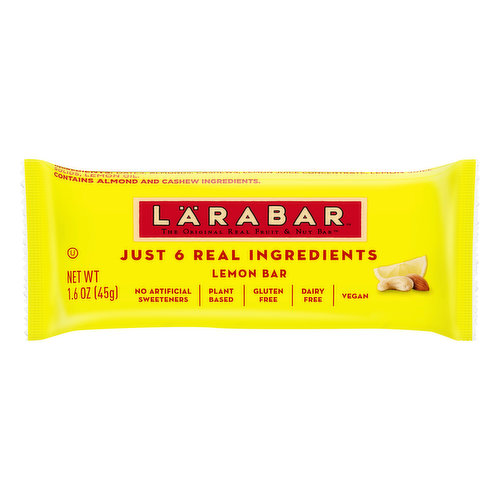 Gluten free. Vegan. Dairy free. Non-GMO Project verified. nongmoproject.org. The original fruit & nut food bar. Just 6 ingredients. No artificial sweeteners. Plant based. At Larabar we believe in keeping it real. That’s why our products are made from real food. Power yourself forward with a bar that is as authentic and real as the life you’re living. Our bars are made from simple ingredients and minimally processed, so they may contain nut shells or pieces of fruit pits. www.larabar.com.