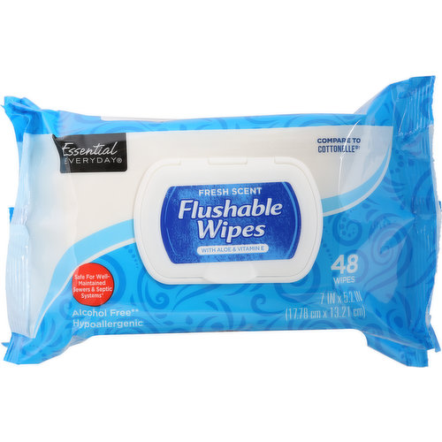 7 inches x 5.2 inches (17.78 cm x 13.21 cm). Fresh Scent flushable wipes with aloe & vitamin E. Safe for well-maintained sewers & septic systems (Not recommended for use with basement pump systems). Alcohol free (Does not contain ethanol, isopropanol, or rubbing alcohol). Hypoallergenic. Compare to Cottonelle (This product is not manufactured or distributed by Kimberly-Clark Worldwide, Inc., owner of the registered trademark Cottonelle). Great products at a price you'll love - Each Essential Everyday Flushable Wipe cleans and refreshes better than dry toilet paper alone and is safe for well-maintained sewers and septic systems (Not recommended for use with basement pump systems). Each wipe is made with purified water, is hypoallergenic, and free of alcohol (Does not contain ethanol, isopropanol, or rubbing alcohol), parabens, phthalates, and dyes. Not labeled for individual sale. 100% quality guaranteed. Like it or let us make it right. That's our quality promise. essentialeveryday.com. Not tested on animals. Made in the USA with domestic and imported materials.