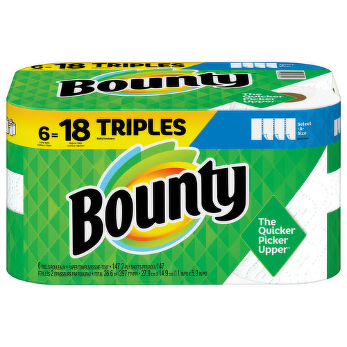 Spilled your drink? Quick! The Quicker Picker Upper. Be ready to tackle messes and spills with Bounty Paper Towels! Each sheet is 2x more absorbent, so you can use less and pick up spills and messes quicker than the leading ordinary brand. That’s why Bounty is the Quicker Picker Upper! Bounty Paper Towels are available in two sheet sizes, Full Sheet and Select-A-Size, so you can choose which option works best for you. Bounty Select-A-Size towels are versatile, so you can choose your sheet size depending on your mess. And if you’re buying the bigger packs, you’ll always have Bounty on hand. Bounty has a variety of pack and roll sizes to fit your needs. Bounty products are proudly made with American jobs and we’re fully committed to creating solutions for a sustainable future. Across all our products, we consider the impact on people, forests, and the world. That’s why for every tree we use, at least two are regrown so you can conveniently and confidently clean messes in the kitchen and around the house knowing Bounty Paper Towels is helping to keep forests greener. Bounty always has your back in and out of the kitchen so whether it’s juice on the counter or ice cream on the table, we make sure spills won’t stand a chance.*vs. leading ordinary brand