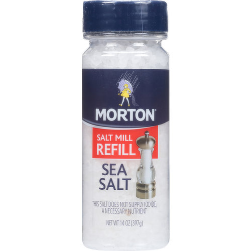 This salt does not supply iodide, a necessary nutrient. Morton salt mill refill sea salt is created through the evaporation of sea water by the sun and is ideal for refilling salt mills. The re-closeable, wide mouth jar makes it easy to pour the salt into your mill, for a quick and no mess refill every time. At Morton, we make sure only the best salt crystals reach your plate so every dish you create will be as flavorful as you intend when you use Morton salt. www.MortonSalt.com. Facebook. Find us at Facebook.com/MortonSalt. To learn more about our culinary salts and for recipes visit www.MortonSalt.com.
