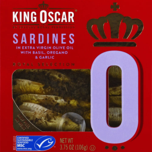 A gluten free product. Non GMO. Royal selection. By special royal permission. Wild caught. Oak wood smoked. Hand packed. Oscar a Norwegian tradition since 1902. King Oscar loved everything about Norway, especially our seafood. That's why in 1902 he gave us the greatest gift, his name. These premium sardines are sustainably wild caught from select ocean waters, then authentically oak wood smoked, hand packed, and preserved in the finest Spanish olive oil. Proudly, this Royal Selection is MSC certified and non-GMO. Contains 2025mg omega-3 fatty acids per serving. See nutrition information for total fat content. Fish count: 8-22 fish. High in protein. Certified Sustainable Seafood MSC. www.msc.org. From an MSC certified sustainable fishery. www.msc.org. www.kingoscar.com. BPA NI. Product of Poland.