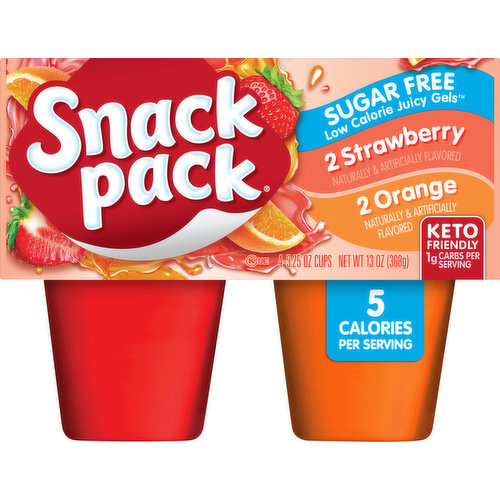 2 Strawberry. 2 Orange. Low Calorie Juicy Gels. Orange: Naturally and artificially flavored. Strawberry: Naturally and artificially flavored. 5 calories per serving. 0 g trans fat per serving. 1 g carbs per serving. Gluten free. Low calorie. Keto friendly. Mmm - delicious. Made with 10% real fruit juice. Apple from concentrate. No high fructose corn syrup. No preservatives. Adipic acid and citric acid used for flavor. Potassium citrate and sodium citrate added for proper thickness. www.snackpack.com. how2recycle.info SmartLabel: Scan or call 1-800-457-4178 for more food information. Questions or comments, visit us at www.snackpack.com or call 1-800-457-4178.
