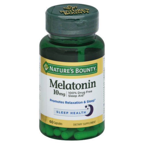 Dietary Supplement. 100% drug free sleep aid. Promotes relaxation & sleep. Sleep health. Over 40 Years of Trusted Quality: At Nature's Bounty, we are committed to your health. For over 40 years we have been making trusted products, backed by science, and made with only the purest ingredients - guaranteed. So you can get the most out of life every day. Clinically studied ingredient. Guaranteed quality. Laboratory tested. Nature's Bounty Melatonin helps promote a tranquil sleep so you can awaken refreshed and revitalized. Melatonin is an excellent choice for people experiencing occasional sleeplessness. Non-GMO, no artificial flavor, no artificial sweetener, no preservatives, no sugar, no starch, no milk, no lactose, no gluten, no wheat, no yeast, no fish. Sodium free. Nutrition questions or comments? Call 1-800-433-2990 Mon. - Sat. 9AM - 7 PM ET. Join our loyalty program at NaturesBountyRewards.com. (These statements have not been evaluated by the Food and Drug Administration. This product is not intended to diagnose, treat, cure or prevent any disease.) Made in the USA with select ingredients from around the world.