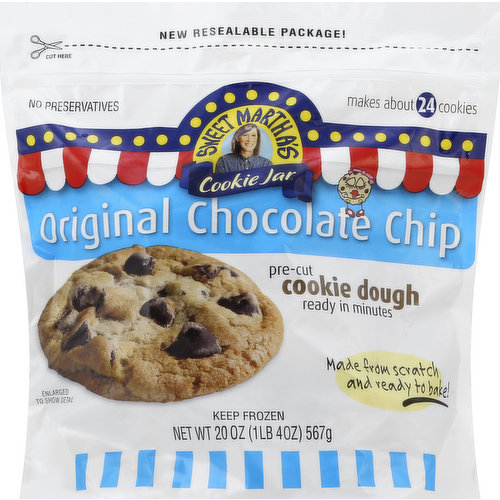 Makes about 24 cookies. Made from scratch and ready to bake. New resealable package! No preservatives. Pre-cut cookie dough ready in minutes. Sweet Martha's freshly baked cookies are made from scratch using the finest ingredients Martha can find. We decided years ago that the perfect cookie should be baked and served fresh out of the oven, and that's how we've been serving them since we came to the Minnesota State Fair in 1979. Our customers have shown their appreciation by coming back to us, year after year. Now you can have Sweet Martha's fabulous cookies, right at home, anytime, the same quality ingredients, same great taste. And by the way, thanks from Sweet Martha for your support of our continuing efforts to bring Minnesota the finest cookies available anywhere! See you at the fair! - Sweet Martha. Like us on Facebook. Follow us on Twitter and Instagram: (at)sweetmarthas.