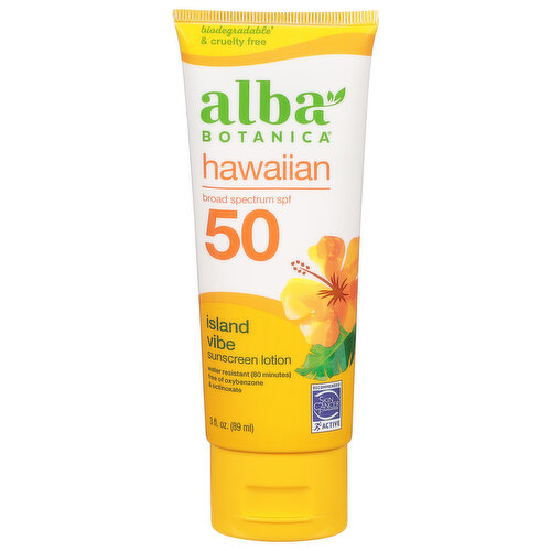 Alba Botanica Sunscreen Lotion, Hawaiian, Island Vibe, Broad Spectrum SPF 50