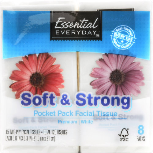 8.6 x 8.3 inch. 15 two-ply tissues. Total 120 tissues. Premium. Real savings, highest quality every day. Great products at a price you'll love - that's Essential Everyday. Our goal is to provide the products your family wants, at a substantial savings versus comparable brands. We're so confident that you'll love Essential Everyday, we stand behind our products with a 100% satisfaction guarantee. The mark of responsible forestry practices for a sustainable future. Rainforest Alliance certified. FSC Mix: Paper from responsible sources. Product of USA.