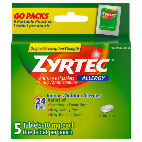 Zyrtec Allergy, Original Prescription Strength, 10 mg, Tablets, Go Packs