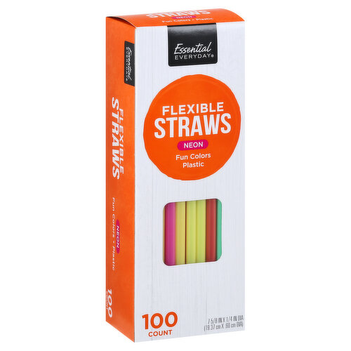 Essential Everyday Straws, Flexible, Neon, Fun Colors, Plastic