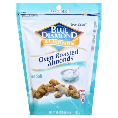 No added oil. Smart eating! Scientific evidence suggests, but does not prove that eating 1.5 ounces per day of most nuts, such as almonds, as part of a diet low in saturated fat and cholesterol may reduce the risk of heart disease. See nutrition information for fat content. American Heart Association Certified: Meets criteria for heart-healthy food. Resealable zipper. A handful of almonds a day is a healthy snacking choice. Oven Roasted Almonds with no added oil are a healthy snack, offering a wonderful blend of delicate flavors and an abundance of nutritional benefits. Eating almonds as part of your healthy lifestyle also provides you with a satisfying snack that fills you up with fewer calories, and helps with weight management. From the almond people 5 g total carbs = 3 g fiber = 2 g net carbs per serving. Almonds are calorie smart. No cholesterol. Good source of fiber. Good source of protein. No artificial ingredients. Questions or comments? Write Blue Diamond Customer Support, Sacramento, CA 95812. Please include code number found on the package with all inquiries. www.bluediamond.com. From California.