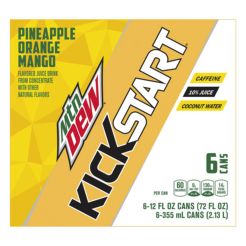 Mtn Dew KickStart Juice Drink, Pineapple Orange Mango, 6 Cans
