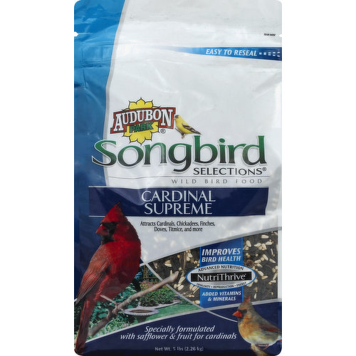 Attracts cardinals, chickadees, finches, doves, titmice, and more. Improves bird health. NutriThrive: Advanced nutrition. Immunity. Reproduction. Energy. Added vitamins & minerals. Specially formulated with safflower & fruit for cardinals. Easy to reseal. Enriched with vitamins and minerals for avian health. Reproduction: With calcium, vitamin E and amino acids. Immunity: With omega-3 fatty acids, zinc, and vitamin A. Energy: With riboflavin and biotin. Find out which products birds in your neighborhood like best. Use your phone or visit audubonpark.com to learn more. audubonpark.com. Made in the USA.