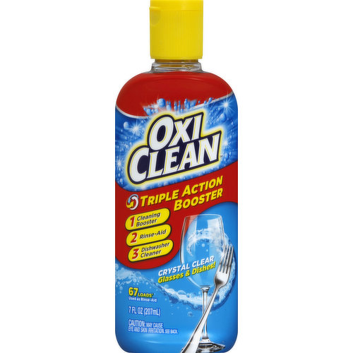 67 loads (When used in rinse agent dispenser only, based on average dispenser release in leading dishwashers). Used as rinse-aid. 1. Cleaning booster. 2. Rinse-aid. 3. Dishwasher cleaner. Crystal clear. Glasses & dishes! Tired of cloudy film, spots and food particles left on your glasses? Tired of pre-washing? Trust the power of OxiClean for a crystak clean shine! 1. Cleaning Booster: For those extra tough jobs, or if you have hard water leaving heavy film and spots, add two squirts into the bottom of dishwasher every wash. 2. Rinse-Aid: For a crystal clean shine every time, ensure your rinse-aid dispenser is filled with OxiClean triple action booster (refill about once a month or as needed). 3. Dishwasher Cleaner: Keep your dishwasher looking like new inside by eliminating hard water and limescale buildup. Once a month fill main dispenser cup with OxiClean triple action booster and close dispenser door. Then add two squirts (approximately 30 ml) to the bottom of dishwasher and run dishwasher empty. Safe for septic tanks. Contains no phosphate. Satisfaction guaranteed! Questions? Ingredient? Call 1-800-781-7529 mon-fri 9 am-5 pm ET or visit churchdwight.com. Made in the USA. Made with US and foreighn ingredients.