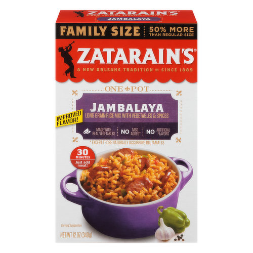 Made with real vegetables. No MSG added (except those naturally occurring glutamates). A New Orleans tradition since 1889. One pot. Improved flavor! 30 minutes. Just add meat! Creole Jambalaya was born in New Orleans in the 18th century when spanish settlers tried to recreate their beloved paella using Louisiana ingredients. Today it's a local staple, common from music festivals to mardi gras parties to quiet weeknight meals. No colors from artificial sources. Zatarain's has been the leader in authentic New Orleans style food since 1889. So when you want great flavor, jazz it up with Zatarain's. No rules! Be creative! Enjoy!