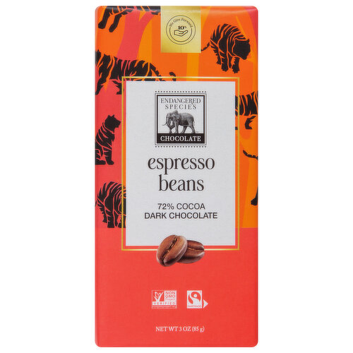 Endangered Species Dark Chocolate, Espresso Beans, 72% Cocoa