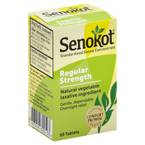 Other Information: Each tablet contains: calcium 10 mg. Store at 77 degrees F (25 degrees C); excursions permitted between 59-86 degrees F (15-30 degrees C).  Misc: Natural vegetable laxative ingredient. Gentle, dependable overnight relief. Comfort Promise: purified senna. Visit our website: www.senokot.com. The Senokot Laxative Comfort Promise: For your comfort, the active ingredient in Senokot Laxatives is always purified senna, manufactured to high quality standards. If you have comments or questions about Senokot tablets, please call toll-free 1-888-726-7535 (8am-5pm EST, Mon.-Fri.).