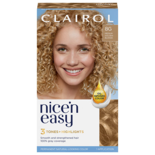 Clairol Nice 'N Easy Permanent Hair Color, 3 Tones + Highlights, 8G Medium Golden Blonde
