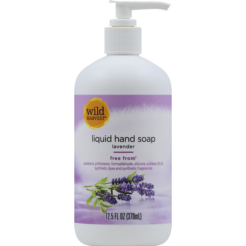 Free from (Not intentionally added to product. Some elements are naturally occurring; therefore, trace amounts may be possible) parabens, phthalates, formaldehyde, silicone, sulfates (SLS), synthetic dyes and synthetic fragrances. Live free with wild harvest. Wild harvest liquid hand soap contains cleansing plant-based surfactants and moisturizing ingredients such as vegetable glycerin and aloe to leave hands feeling clean and refreshed. This product contains naturally derived ingredients and may vary in color over time. Color variation will not affect the quality or performance of this product. 100% quality guaranteed. Like it or let us make it right. That’s our quality promise. Not tested on animals. 877-932-7948. Mywildharvest.com. To learn more about Wild harvest products, including our full line of organic products, please visit www.mywildharvest.com.