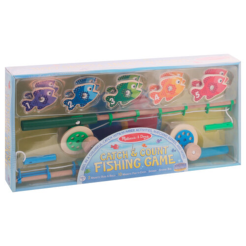 Reel in a colorful catch with number activities, matching games, and more! Partnering with the American academy of pediatrics to foster early brain development. Let's go fishing! Includes: 2 magnetic rods & reels. 10 magnetic fish. Spinner. Storage bag. Includes games for 1-2 players! Setup: Spread out the blue mesh bag in the middle of the play space to serve as the fishing pond. Then spread out all the fish, face-up, in the middle of the pond. To Use the Fishing Rod: Hold the handle and dangle the magnetic hook over the fish. Then turn the reel to lower and raise the fishing line and catch a fish! To Use the Spinner: The worm's head points to the number and color you will try to catch. If you spin an empty hook, your turn ends without fishing. Basic Game: (2 players) Take turns spinning the spinner (one spin per turn). If the pond contains a fish that matches the color and number shown, the player collects that fish. At the end of the game, whoever has the most fish wins! More Ways To Play: (1-2 players). Rainbow Trout: (2 players) Spin the spinner, then use the rod to catch a fish that matches the color or number shown. Collect only one fish of each color and number. Whoever completes a set first is the winner! (1 player) Try to complete a set in 10 spins or less. Mackerel Math: (2 players) Spin the spinner, then use the rod to collect one or more fish that add up to the number shown. On your next turn, add fish equaling the new number shown. The first to collect a sum greater than 10 is the winner! (1 player). Alternate adding and subtracting your spins until you get back to zero. School of Fish: (2 players) Spin the spinner, then use the rod to catch one, two, three, four, or five fish to match the number shown. The first to collect five fish is the winner! (1 player) Try to complete a fishy number line from 1 to 5. Helpful Hints: For beginners, space the fish farther apart; for an added challenge, move closer together. For beginners, reel in to make the line shorter; for an added challenge, extend the line. (hashtag)CountlessWaystoPlay. Here are some of our ideas. Share yours! Count on it: Count aloud as each fish is placed in a line. When they are all lined up, use a fishing rod to catch them one by one, counting aloud until they have all been caught! Tower Power: Stack the fish pieces to make a tall tower, then use a fishing rod to remove one fish at a time! Don't Catch: Place all the fish close together on the storage bag. Tap each fish's body with the magnetic hook without catching the fish's magnet! Speed Fishing: Set a timer or count to 20. Collect as many fish as possible with a fishing rod before time runs out! If playing with two players, see who can catch the most fish in the allotted time. Fishing Hole: Use the storage bag or decorate a large piece of construction paper to make a fishing pond! Add camp chairs or pillows, hats, and buckets to complete the scene!