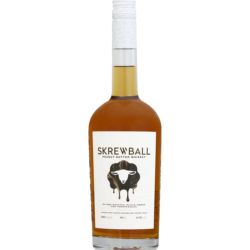 To the misfits, black sheep and skrewballs. Whiskey with natural flavors and caramel color. To the black sheep. www.skrewballwhiskey.com. Consumer Information call 1-833-Skrewed (1-833-757-3933). Please recycle this bottle. Proof: 70. Alc by vol 35%. Bottle by Skrewball Spirits, Mira Loma, CA.