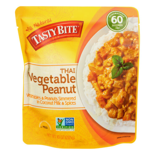 Vegetables & peanuts simmered in coconut milk & spices. Gluten free. Kosher. Vegetarian. Non GMO Project verified. nongmoproject.org. All natural. Microwavable 60 seconds. No artificial colors, flavors or preservatives. Kosher inspection service certified. tastybite.com. For quick meal ideas, visit tastybite.com. Something on your mind? comments(at)tastybite.com. Please include the code for this product in your email. BPA free. Product of India.