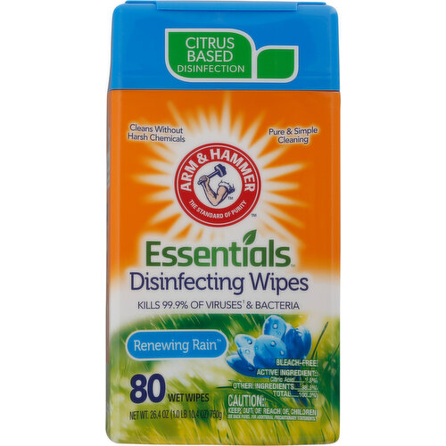 Citrus based disinfection. Cleans without harsh chemicals. Pure & simple cleaning. Arm & Hammer: The standard of purity. Kills 99.9% of viruses (Human Coronavirus, Influenza H1N1, Rhinovirus Type 37, Rotavius) & bacteria. Bleach free. Thick and durable wipes. 2x thicker! Moisture-lock space saving pack. Easy start first wipe is ready to use. Easy to store. Snap-close lid. Stackable. Powerfully pure cleaning. Kills cold & flu viruses (Human Coronavirus, Influenza H1N1, Rhinovirus Type 37). Kills MRSA (Methicillin resistant staphylococcus aureus), Strep (Streptococcus pyogenes), Staph (Staphylococcus aureus), E. Coli (Escherichia coli), Salmonella (Salmonella enterica), Kleb (Klebsiella pneumoniae). Worry-Free Cleaning On: Kitchens (Food contact surfaces must be rinsed with potable water). Bathrooms. Classrooms. Pet Areas. Car Interiors. Gyms. Canister & Lid: Remove label before recycling. Please recycle.
