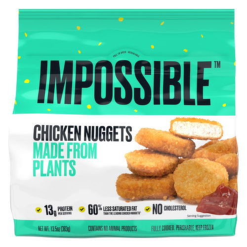 Fully cooked. Every time you eat impossible chicken nuggets made from plants (instead of animal-based chicken nuggets), you are using: 44% less water, 36% less greenhouse gas emissions, 49% less land. Contains no animal products.