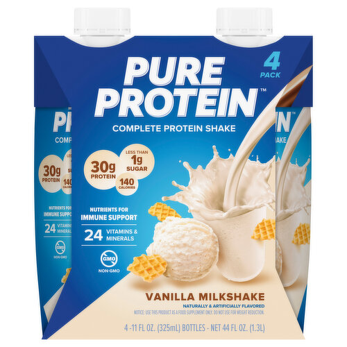 Pure Protein Protein Shake, Complete, Vanilla Milkshake, 4 Pack