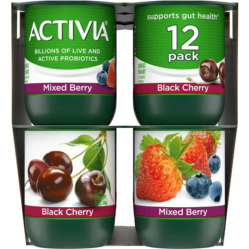 Activia Black Cherry and Mixed Berry Probiotic Low Fat Yogurt Cups, 12 ct /  4 oz - Fry's Food Stores