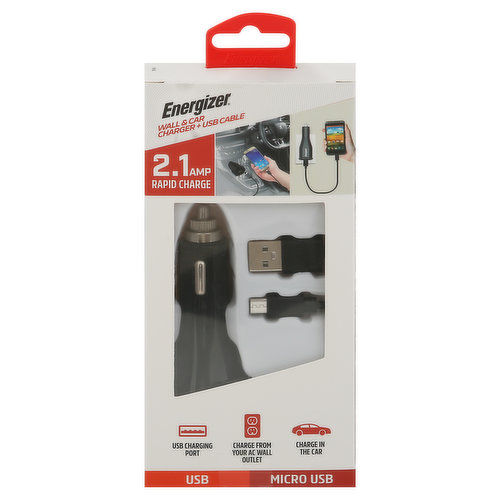 2.1 amp rapid charge. USB charging port. Charge from your AC wall outlet. Charge in the car. Micro USB cable included. Phones not included in package.