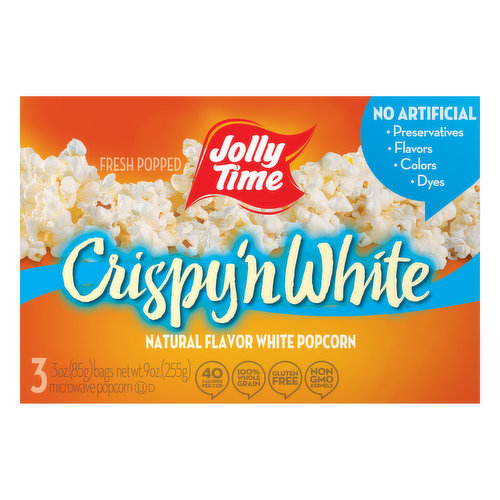 Natural flavor white popcorn. 40 calories per cup. 100% Whole Grain. Gluten free. Non GMO kernels. Fresh popped. No artificial preservatives; flavors; colors; dyes. Popcorn you can trust. Our kernels are grown in the best Midwest family farms by folks we have known for generations, literally. Meet Pat Green. Pat's grandfather, Michael, signed the first contract with Cloid Smith, company founder, in the 1930's. The Green Family has been growing Jolly Time for over 80 years on their family farm near Homer, NE. Good Housekeeping: Since 1909. Quality tested. Limited Warranty - ghseal.com for details. jollytime.com/family/growers. We listen to our customers, and we'd love to hear from you. Pop in at jollytime.com; call 712-239-1232 M-F 8am to 5pm CST or write to PO Box 178, Sioux City, Iowa 51102 to tell us what you think about jolly time. We're listening. Share the family fun! Read about our proud growers at: jollytime.com/family/growers. Printed in USA.