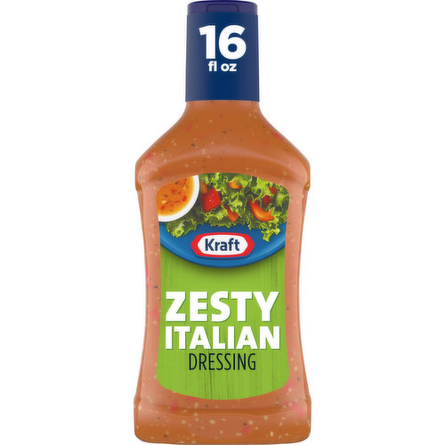 Kraft Zesty Italian Dressing adds delicious flavor to almost anything. Bursting with Italian seasonings and spices, our family favorite dressing delivers flavor in every bite. Pre-mixed for convenience, our Italian dressing is ready to enjoy after a quick shake. With no high fructose corn syrup and 60 calories per serving, you'll feel good about adding this zesty Italian dressing to salad mixes, pasta salads, sandwiches and all your favorite appetizers and entrees. This dressing also makes the perfect marinade for your favorite protein. Each 16 fluid ounce squeezable dressing bottle comes with a convenient applicator top so you can add the perfect amount to all your favorite dishes.