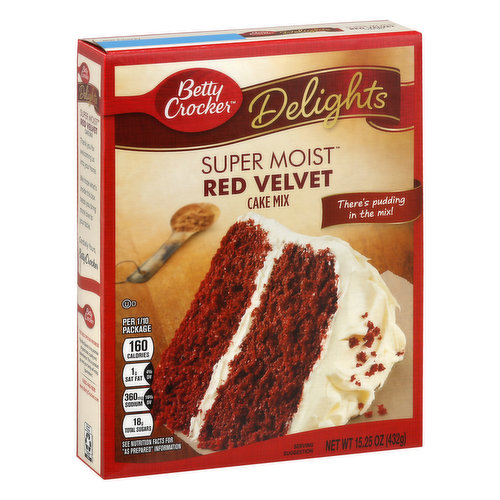 Per 1/10 Package: 160 calories; 1 g sat fat (4% DV); 360 mg sodium (16% DV); 18 g total sugars. See nutrition facts for as prepared information. Contains bioengineered food ingredients. Learn more at Ask.GeneralMills.com. There's pudding in the mix! Thank you for welcoming us into your home. We hope what's inside this box helps you bring more love to your table. Cordially Yours, Betty Crocker. The Red Spoon Promise: The Red Spoon is my promise of great taste, quality and convenience. This is a product you and your family will enjoy. I guarantee it. www.BettyCrocker.com. how2recycle.info. Make any day special with recipes and inspiration from BettyCrocker.com! Caramel Pretzel Cupcakes. Certified 100% recycled paperboard. Carbohydrate Choices: 2.
