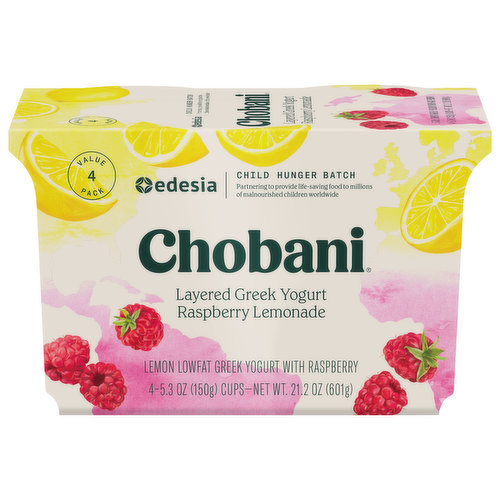 Chobani Yogurt, Greek, Raspberry Lemonade, Layered, Value 4 Pack